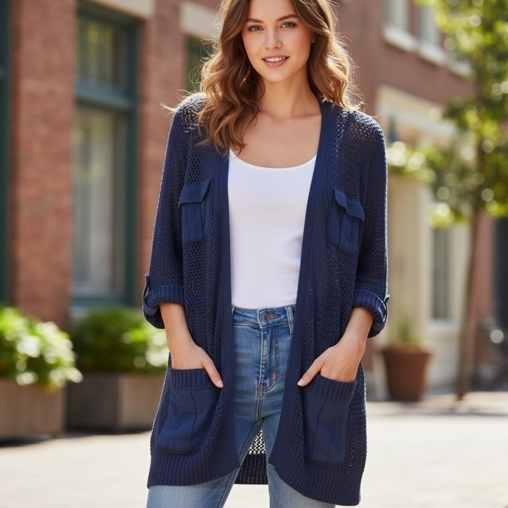 Jaclyn Smith Cardigan Sweater Women's Sz L Open Knit Navy Pockets Preppy Outdoor